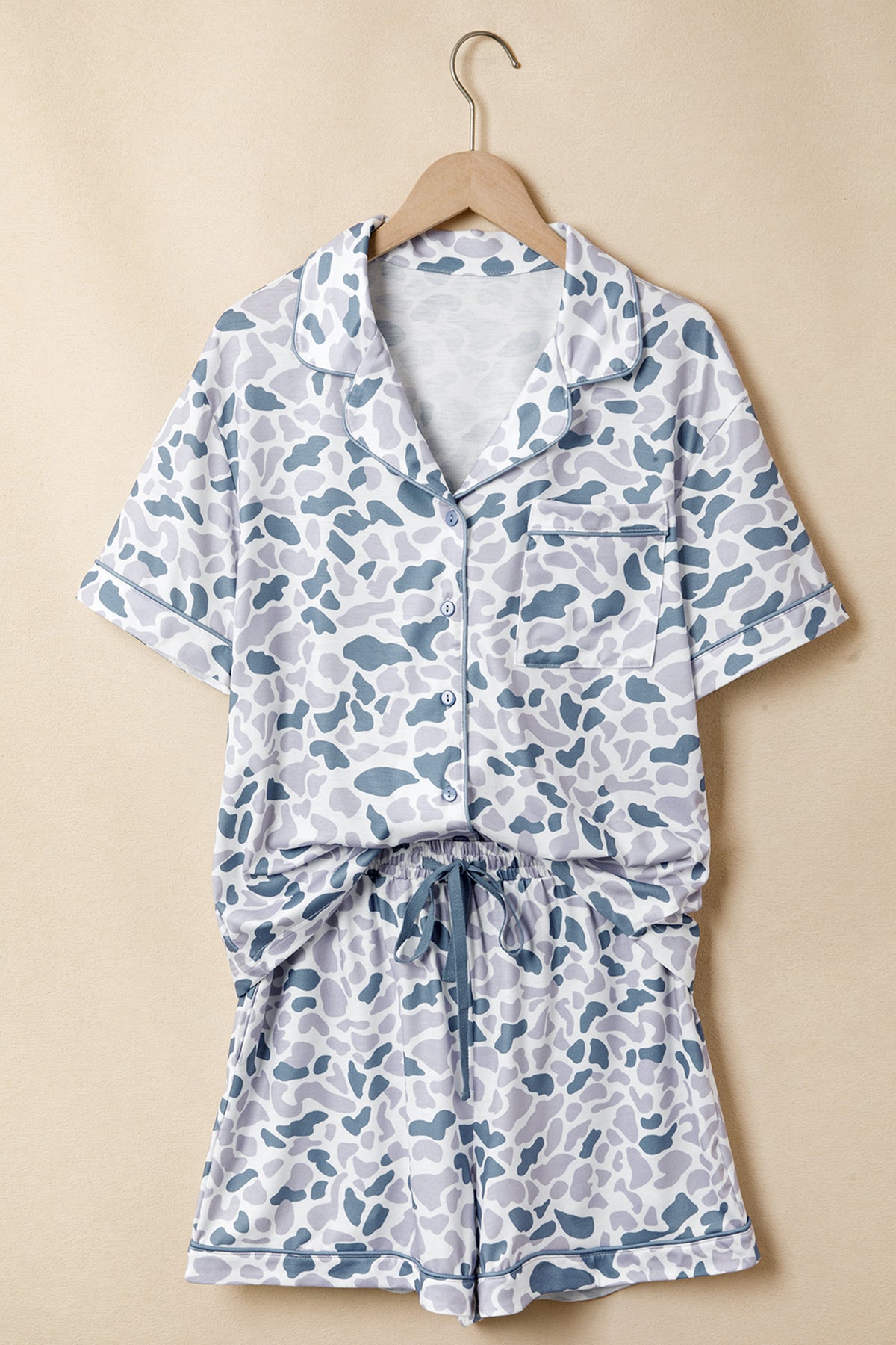 Lapel Shirt Drawstring 2pcs Short Pajama Set