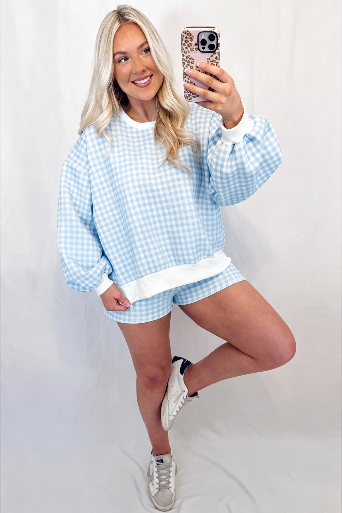 Plaid Baggy Pullover & Drawstring Shorts 2pcs Outfit