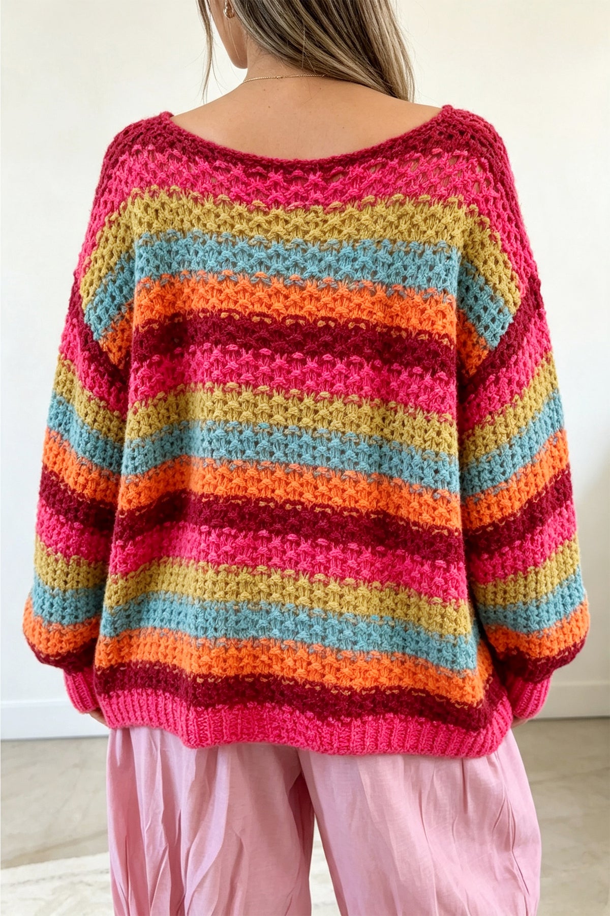 Crochet Striped Knit Oversize Sweater