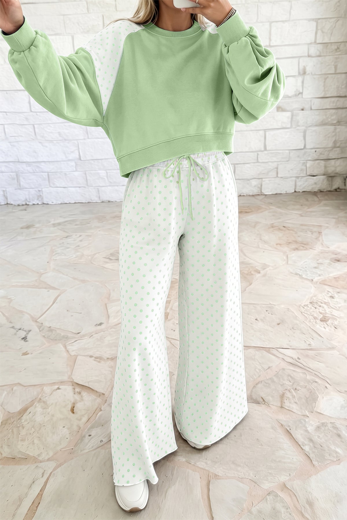 Polka Dot Colorblock Long Sleeve 2-Piece Pants Set