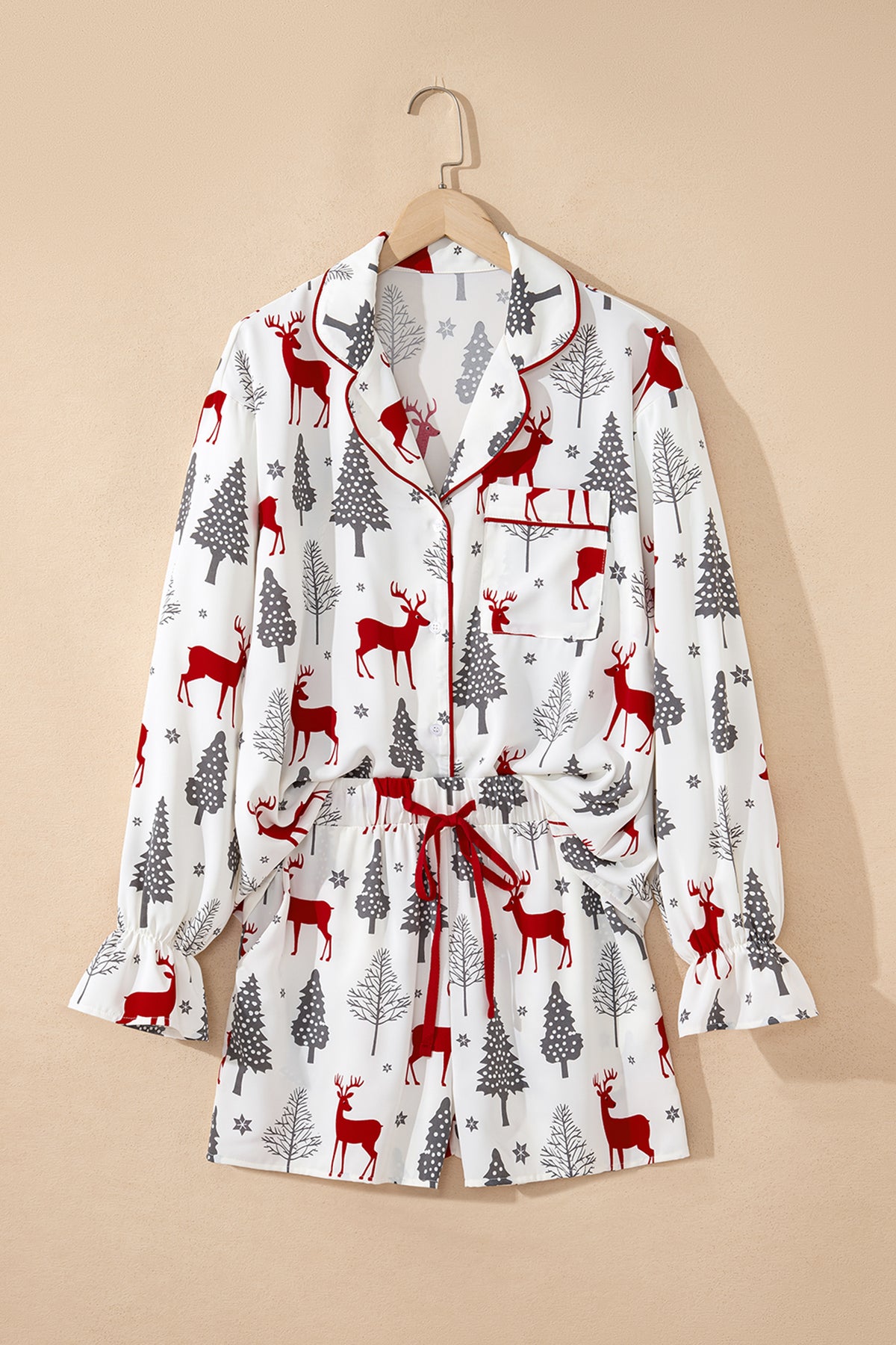 Christmas Print Velvet Trim Bow Knot Pajama 2pcs Short Set