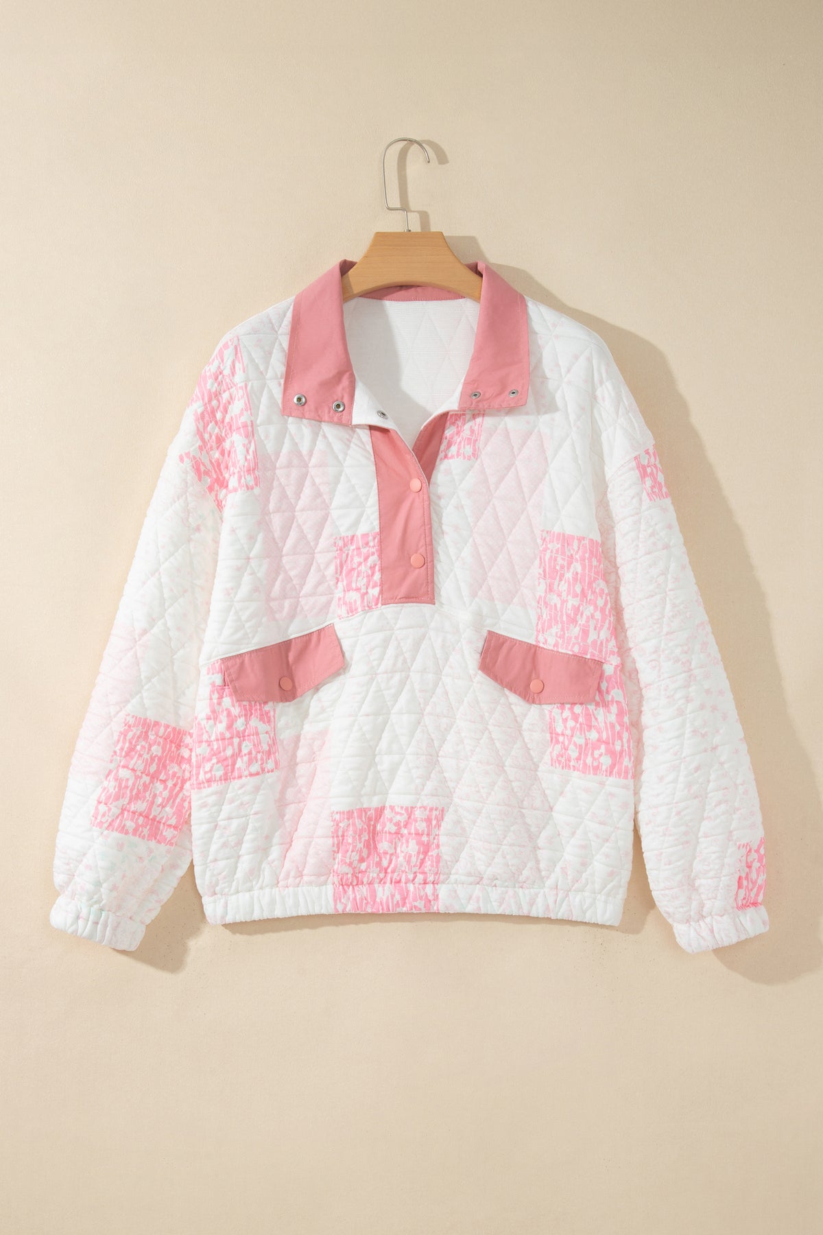 Floral Quilted Half Button Pocketed Pullover Sweatshirt