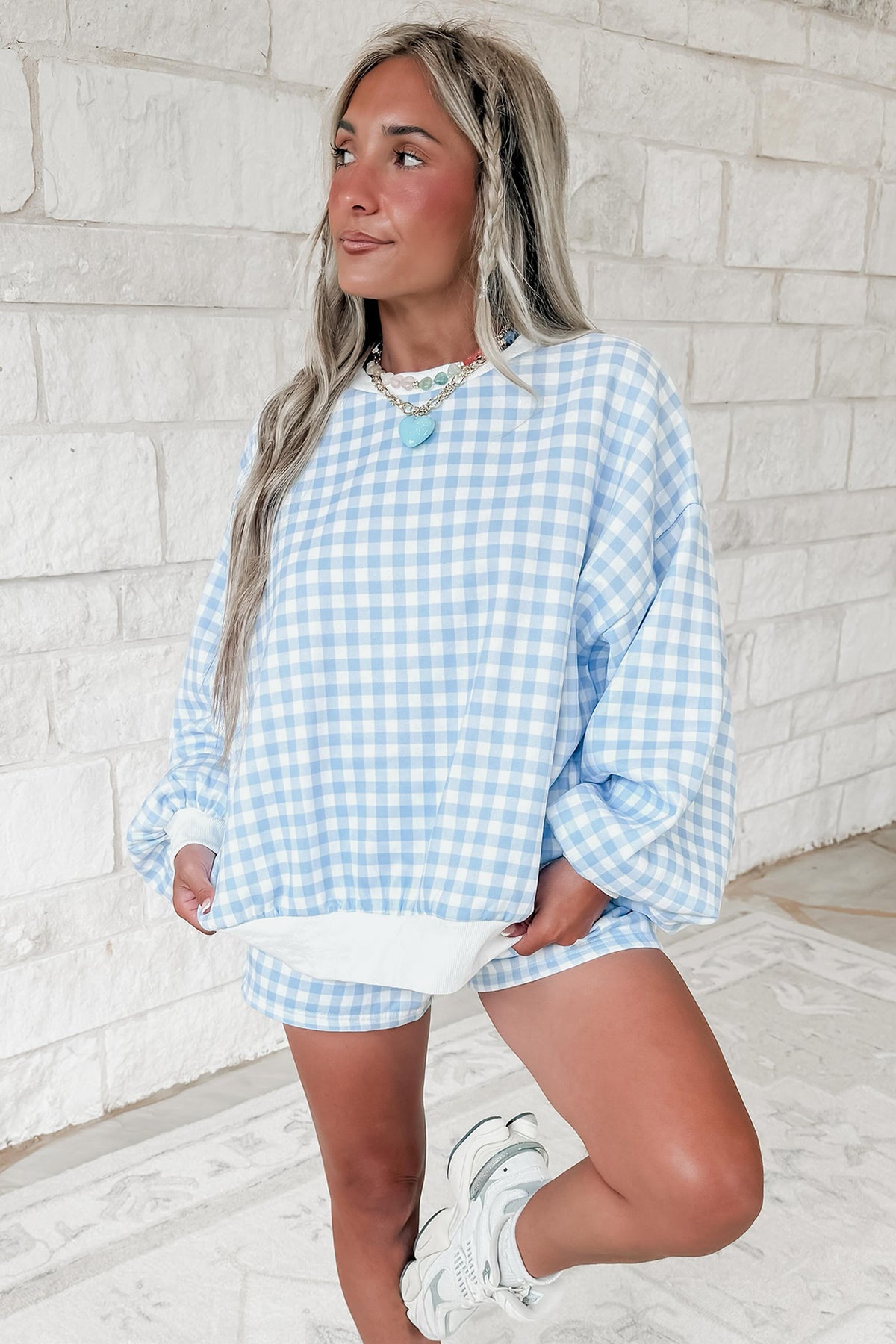 Plaid Baggy Pullover & Drawstring Shorts 2pcs Outfit