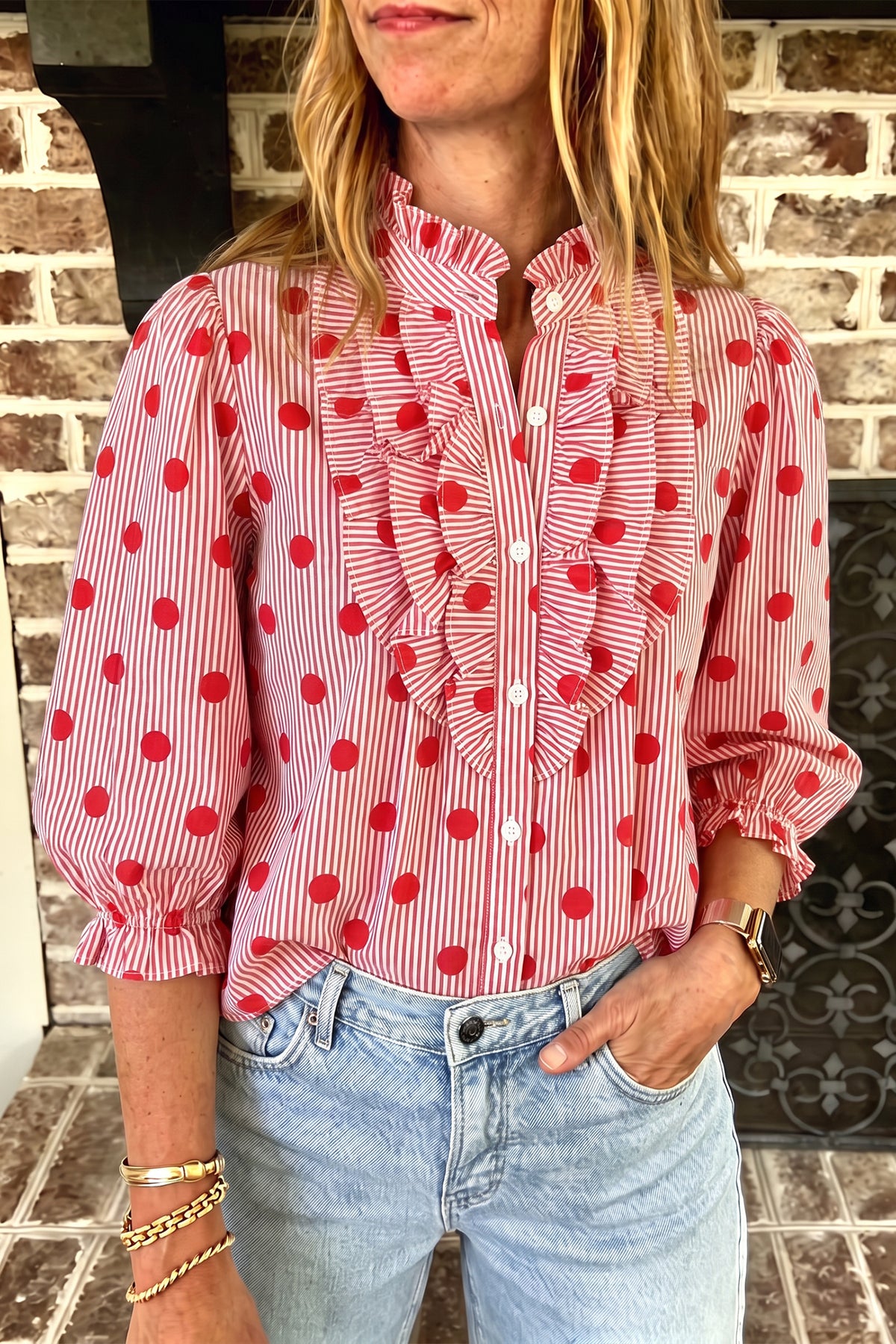 Polka Dot Print Ruffle 3/4 Sleeve Shift Shirt