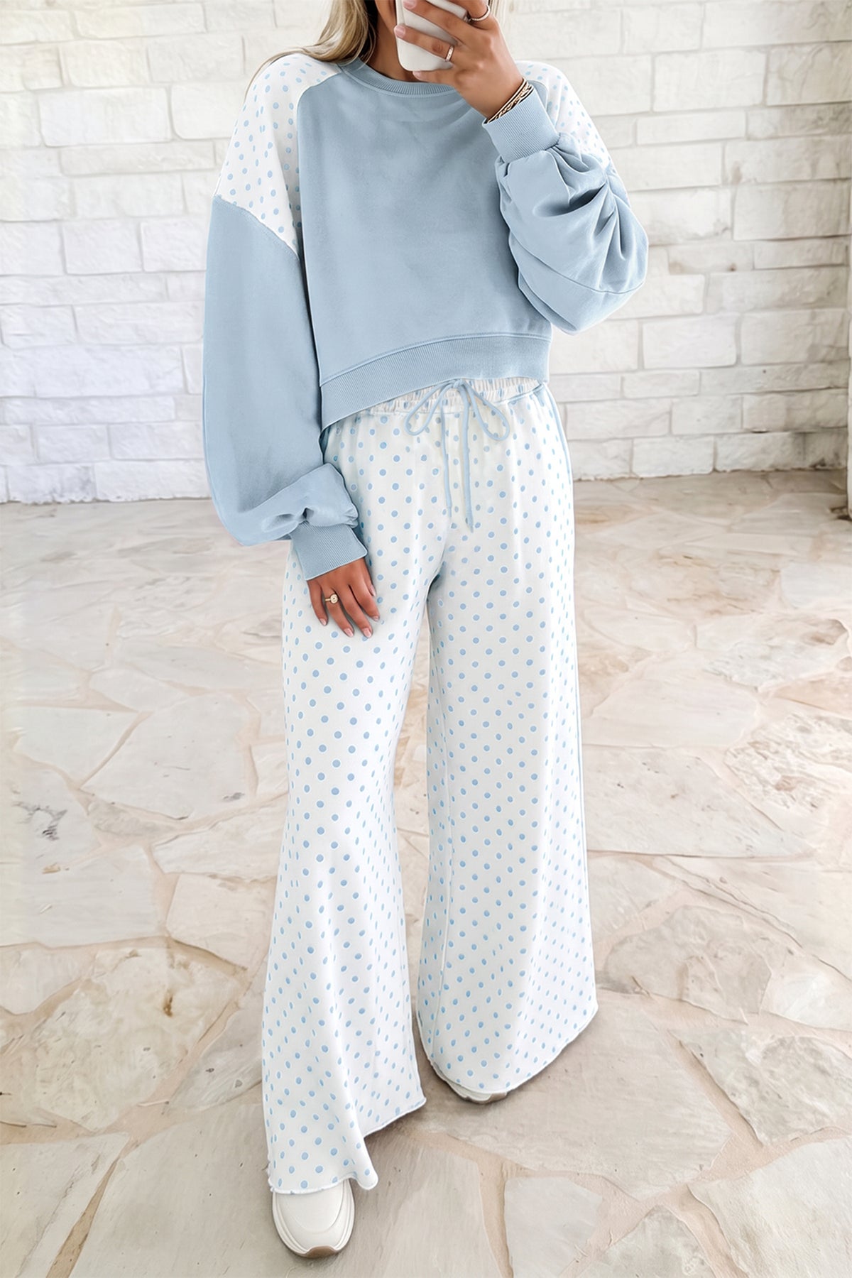 Polka Dot Colorblock Long Sleeve 2-Piece Pants Set