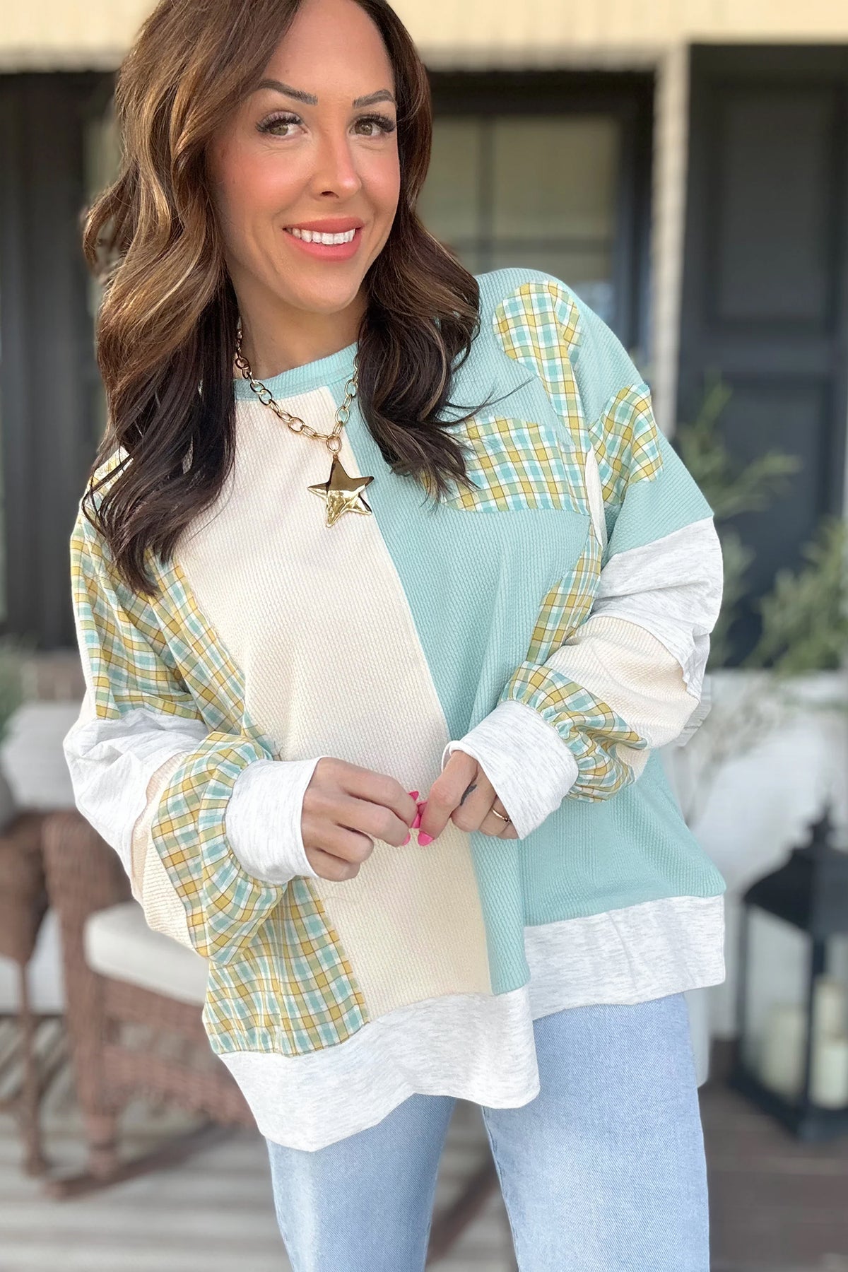 Light Blue Plaid Patchwork Top