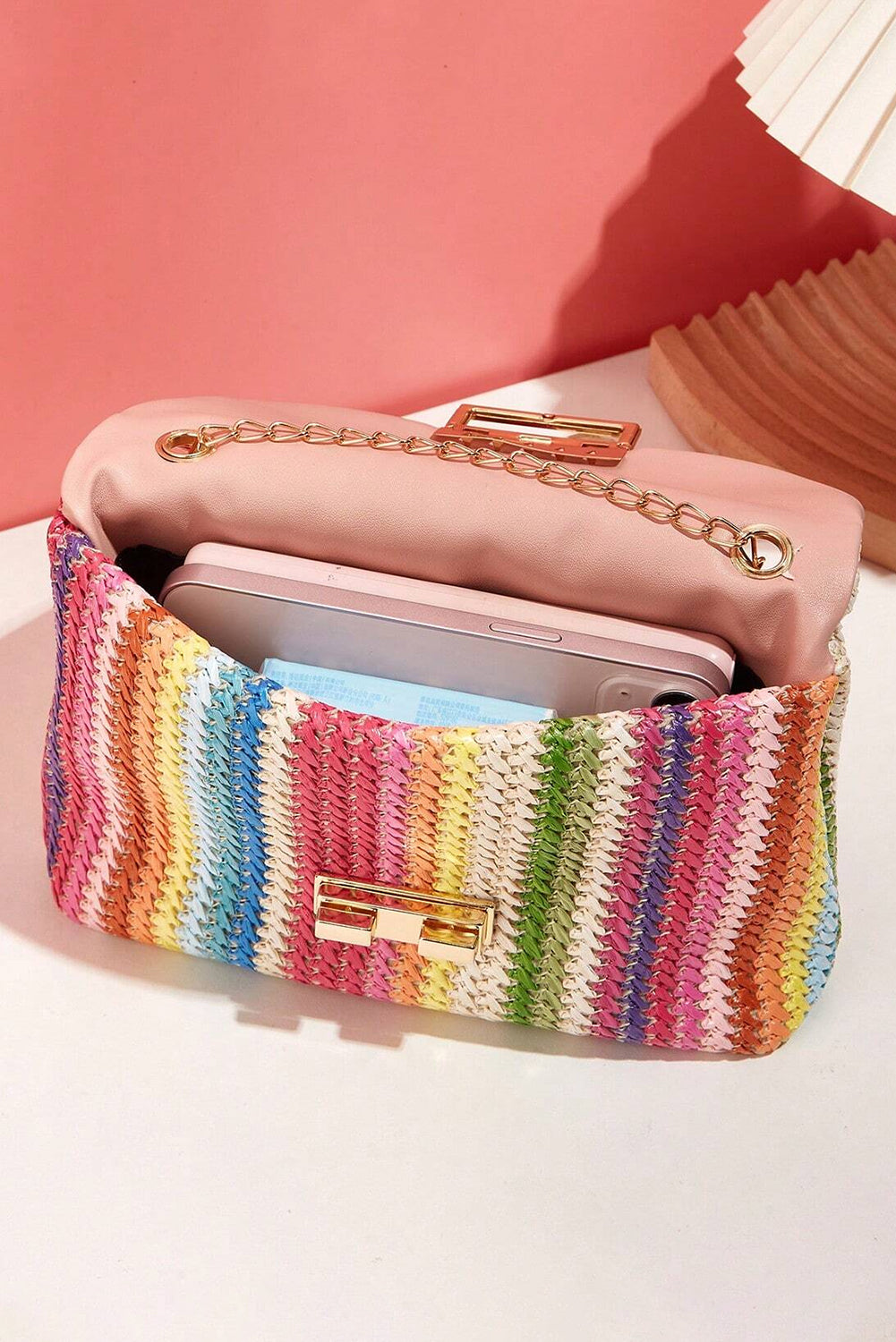 Multicolour Straw Plaited Gold Chain Single Shoulder Bag