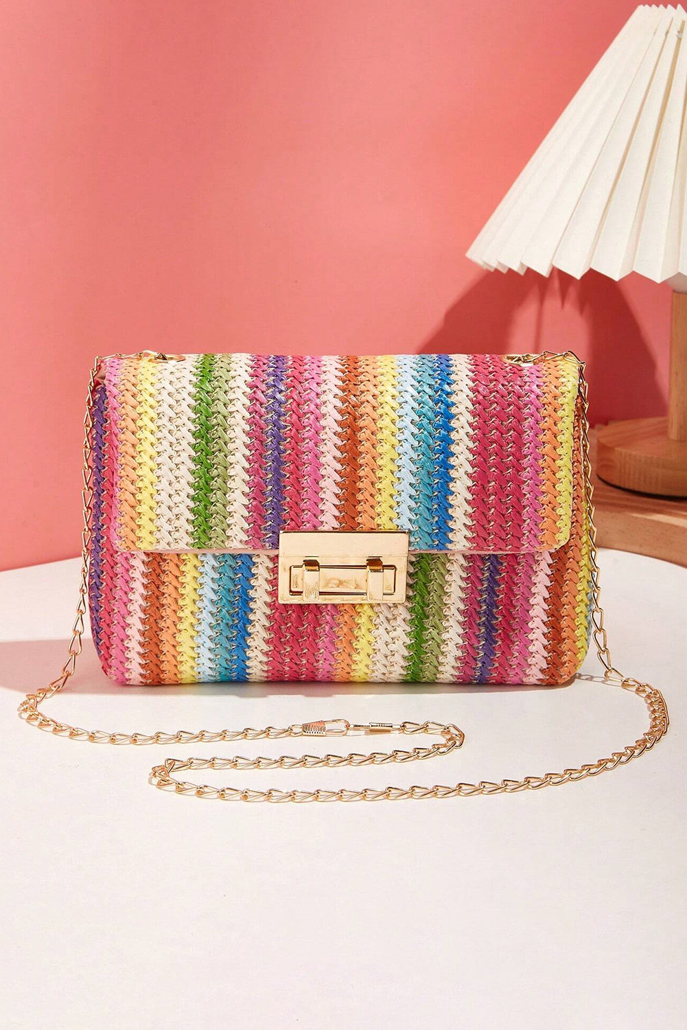 Multicolour Straw Plaited Gold Chain Single Shoulder Bag