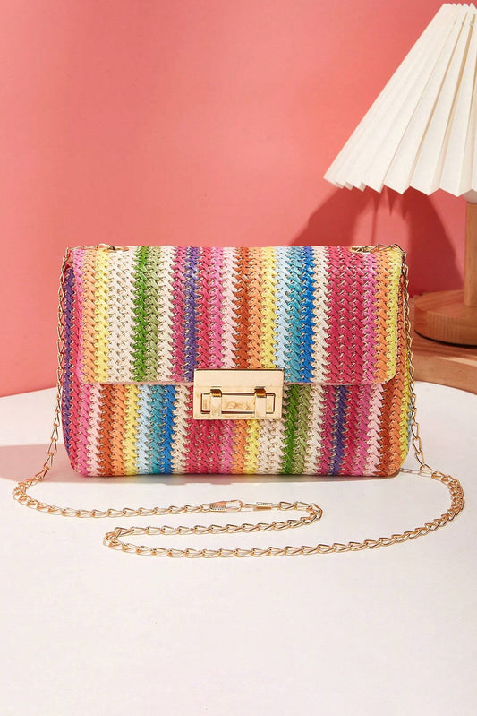 Multicolour Straw Plaited Gold Chain Single Shoulder Bag