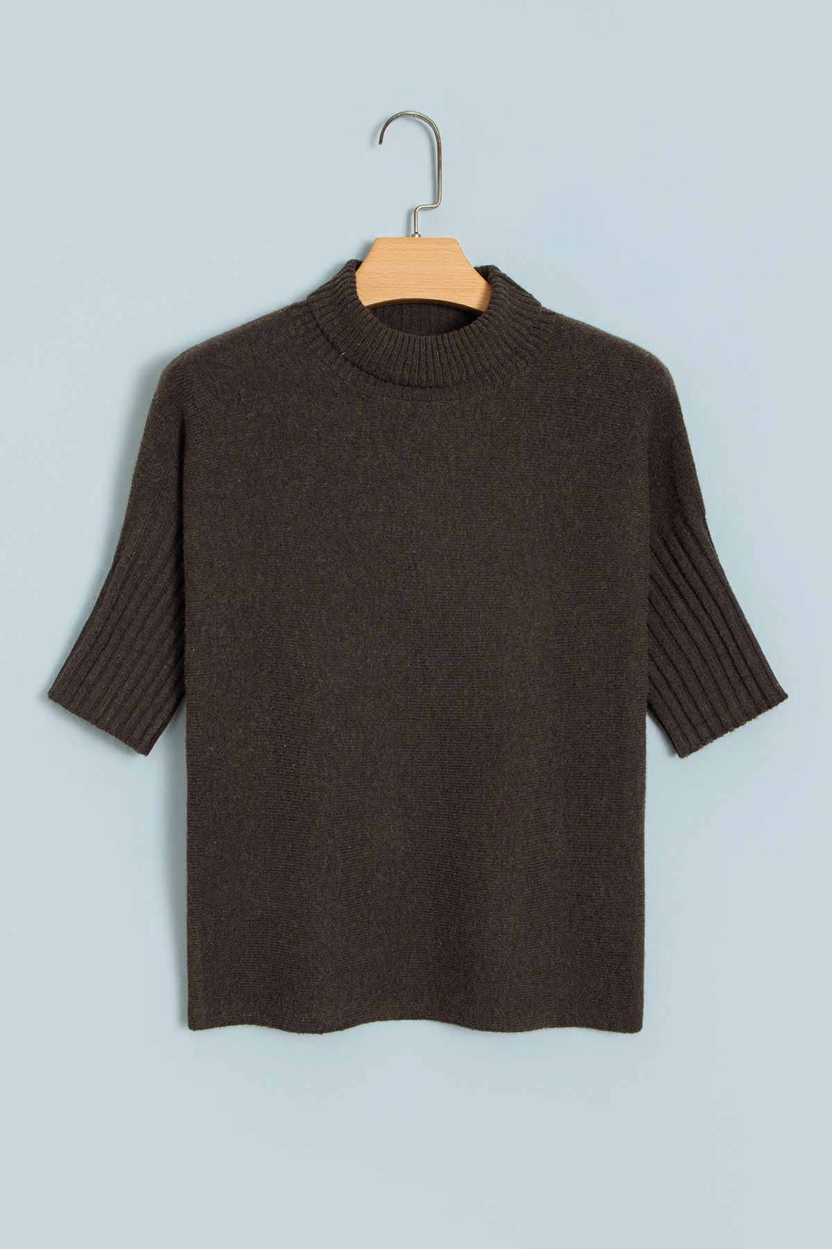 Ribbed Trim High Neck Short Sleeve Sweater