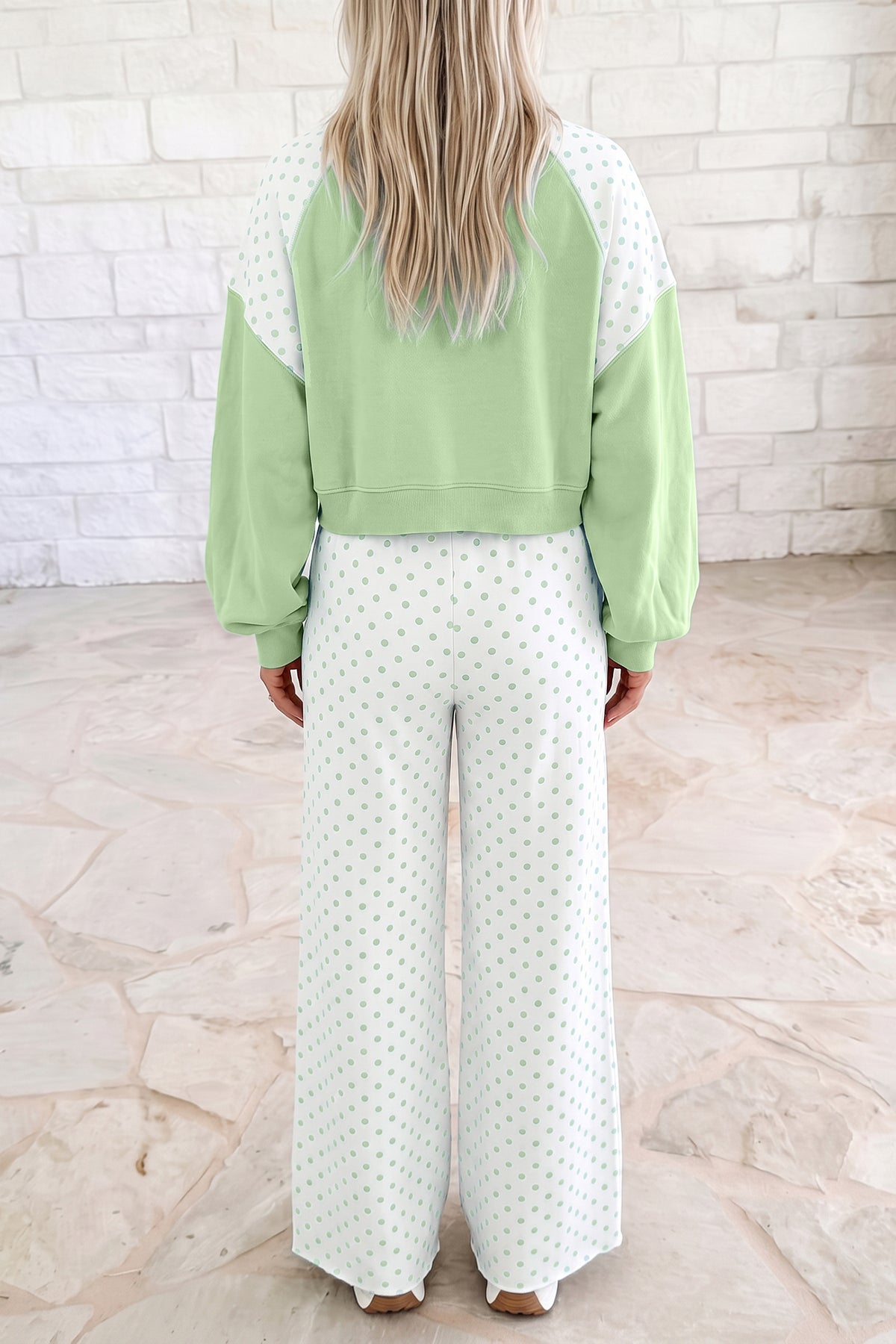 Polka Dot Colorblock Long Sleeve 2-Piece Pants Set