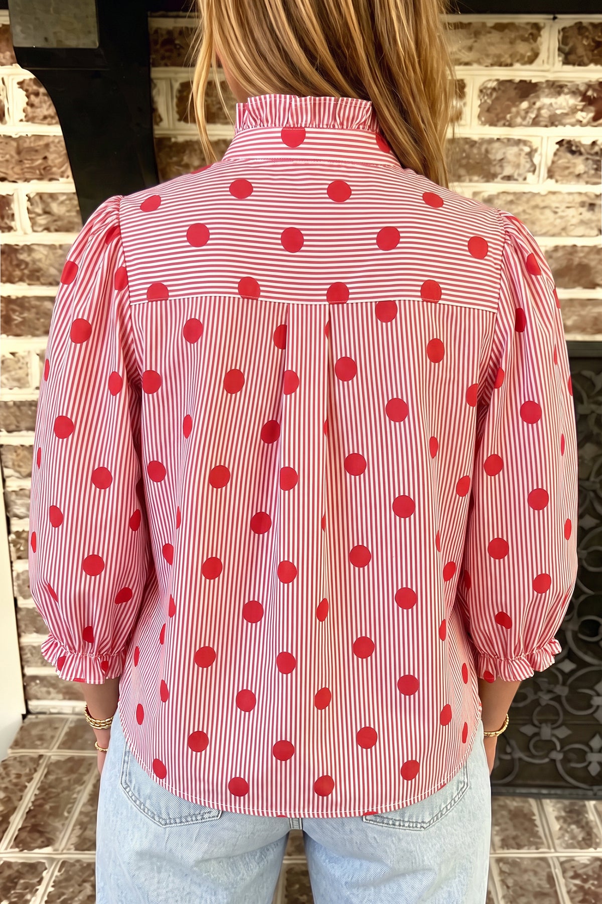 Polka Dot Print Ruffle 3/4 Sleeve Shift Shirt
