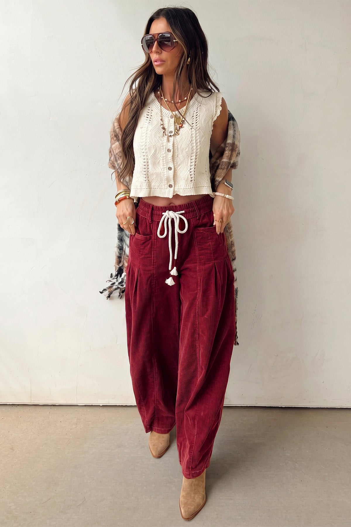 Elastic Waist Drawstring Corduroy Pants