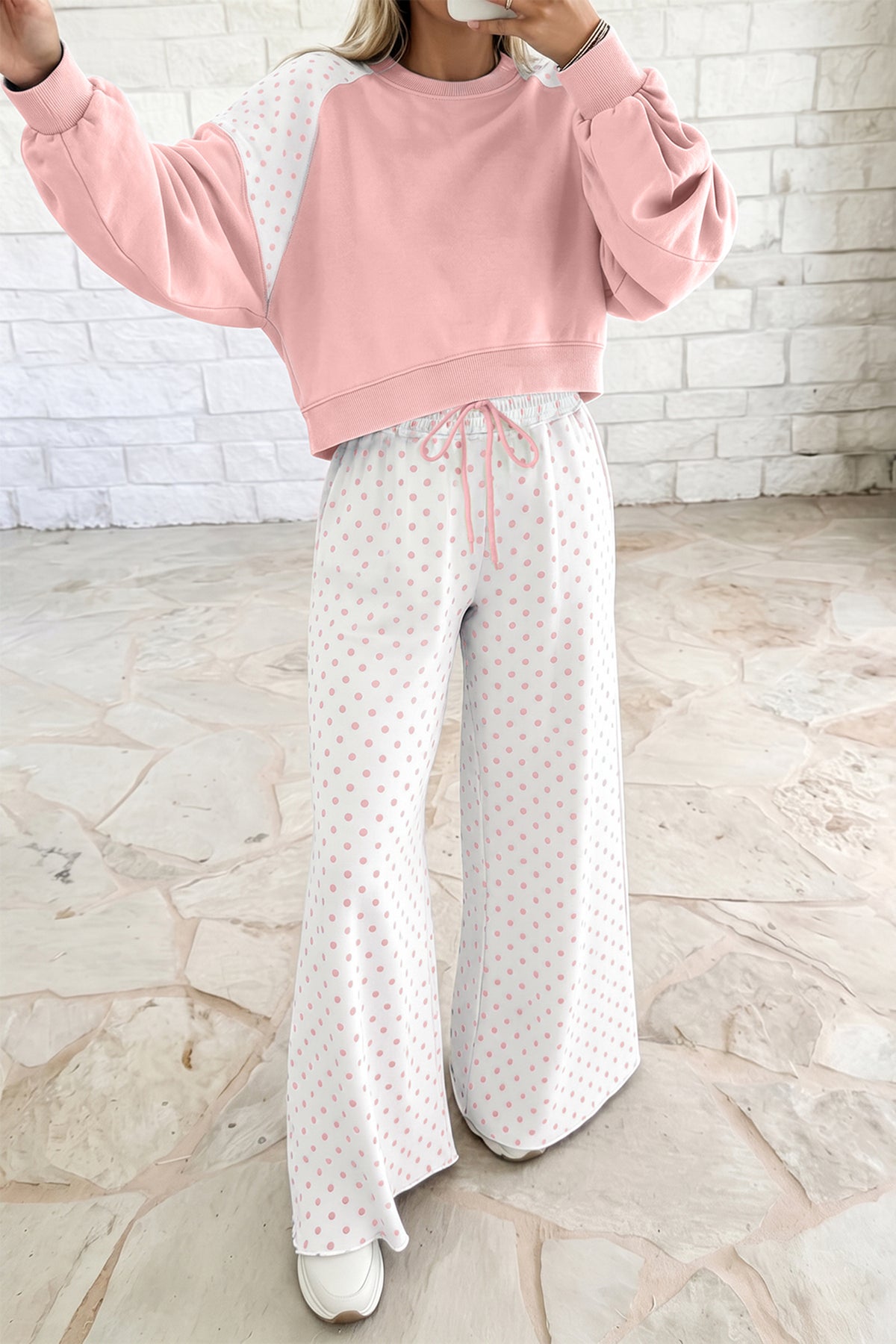 Polka Dot Colorblock Long Sleeve 2-Piece Pants Set