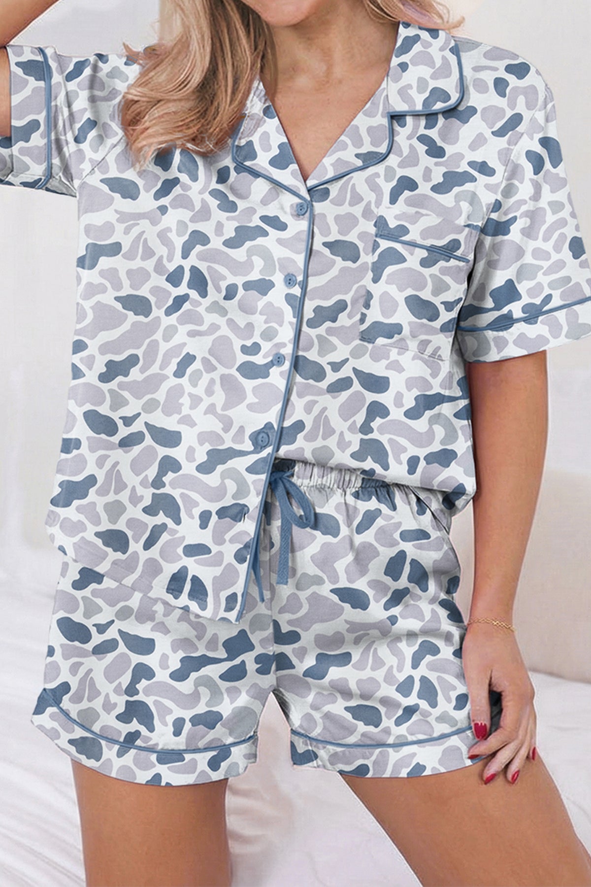 Lapel Shirt Drawstring 2pcs Short Pajama Set