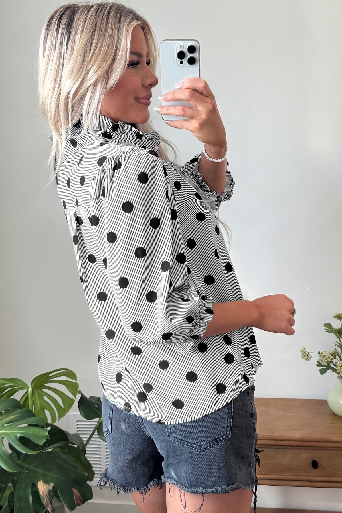 Polka Dot Print Ruffle 3/4 Sleeve Shift Shirt