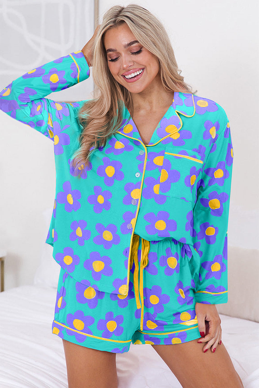 Green Flower Print 2 pc pajama set