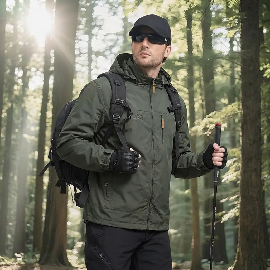 Men's Lightweight Detachable Hood Zipper Multi-Pocket Casual Windbreaker