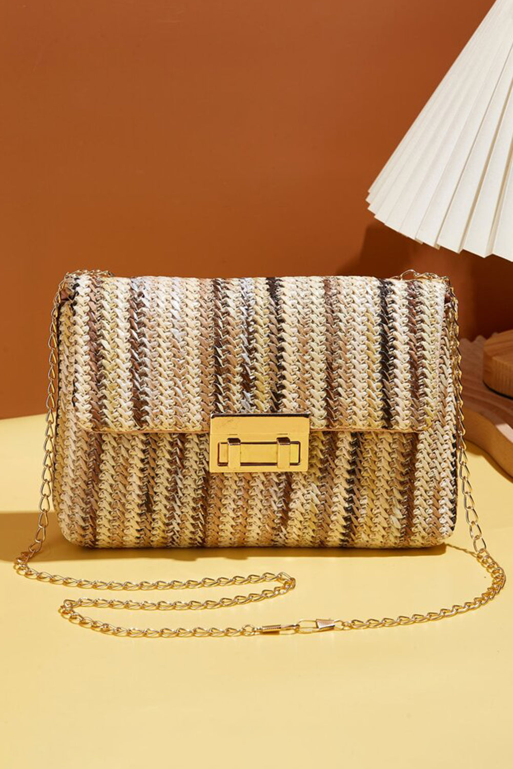 Multicolour Straw Plaited Gold Chain Single Shoulder Bag