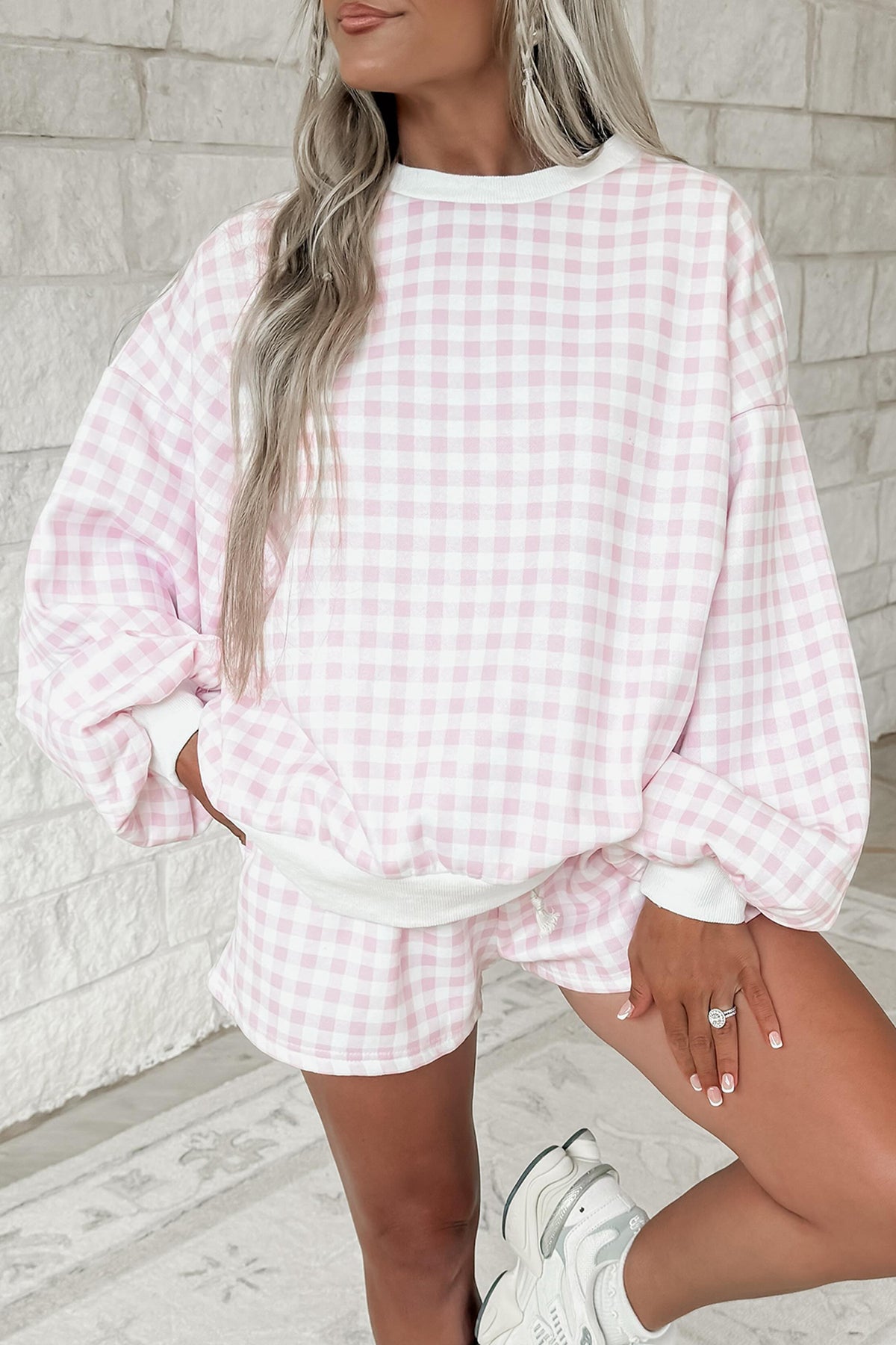 Plaid Baggy Pullover & Drawstring Shorts 2pcs Outfit