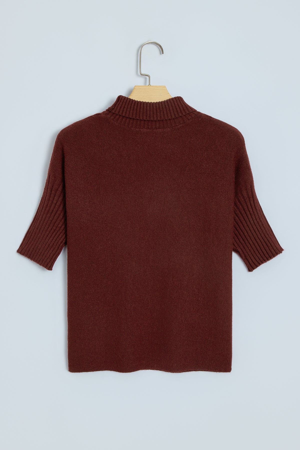 Ribbed Trim High Neck Short Sleeve Sweater