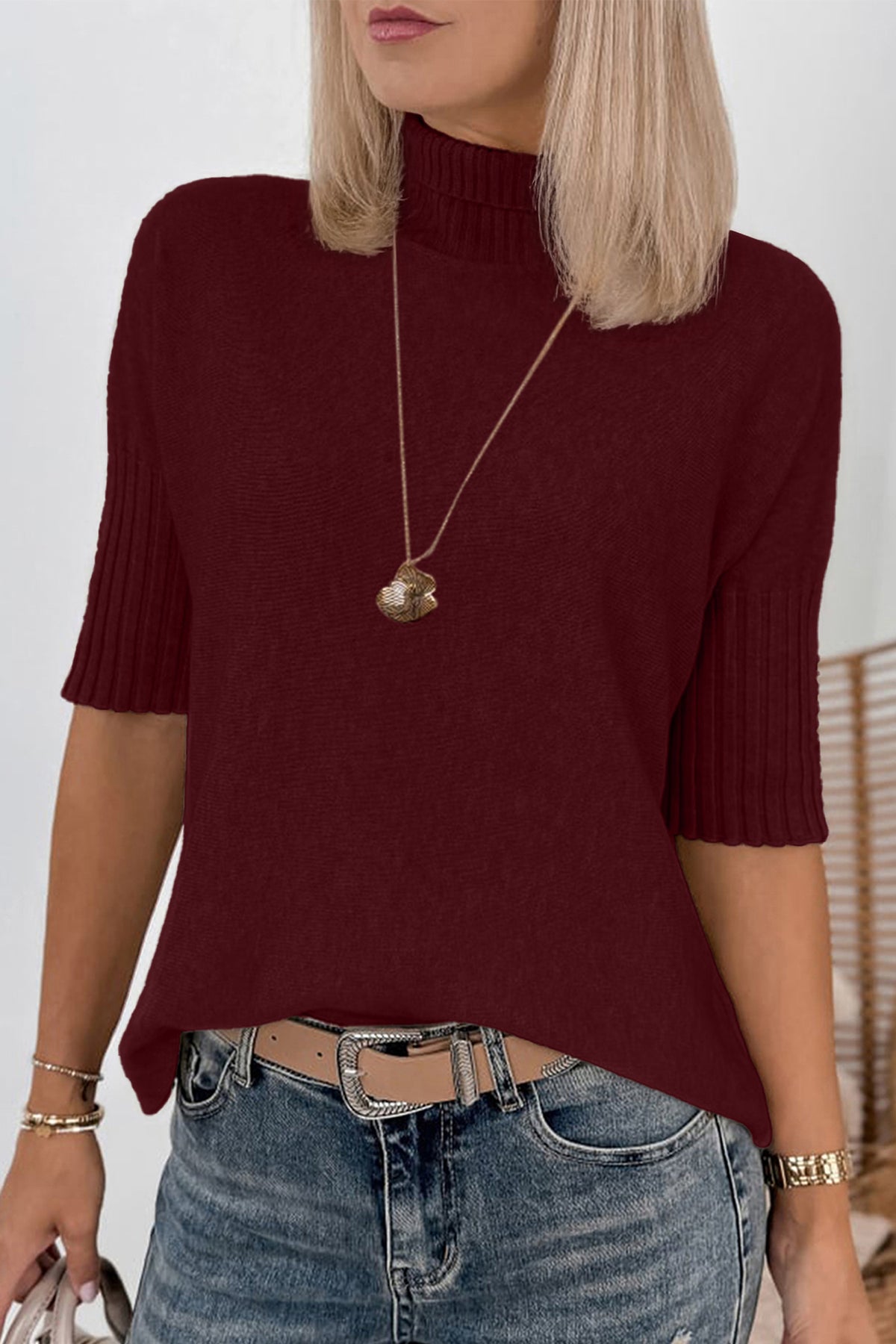 Ribbed Trim High Neck Short Sleeve Sweater
