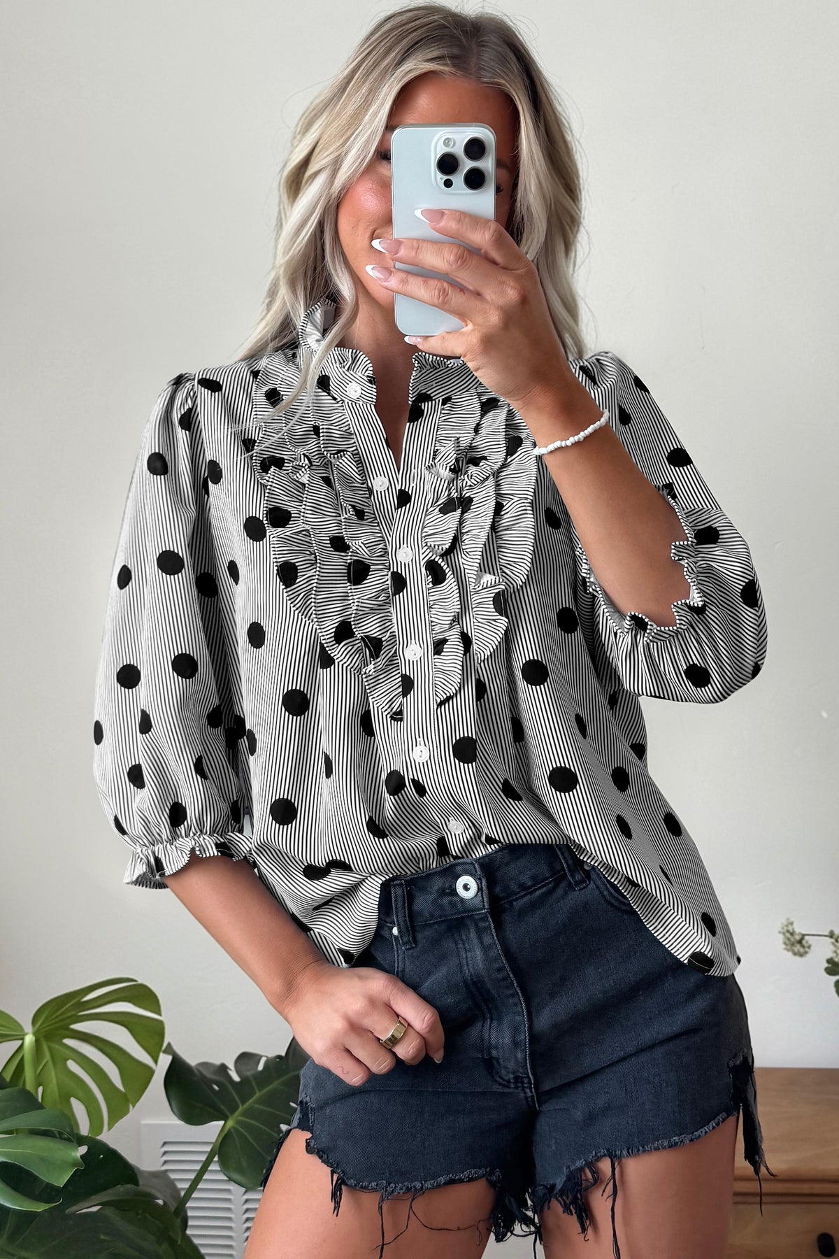 Polka Dot Print Ruffle 3/4 Sleeve Shift Shirt