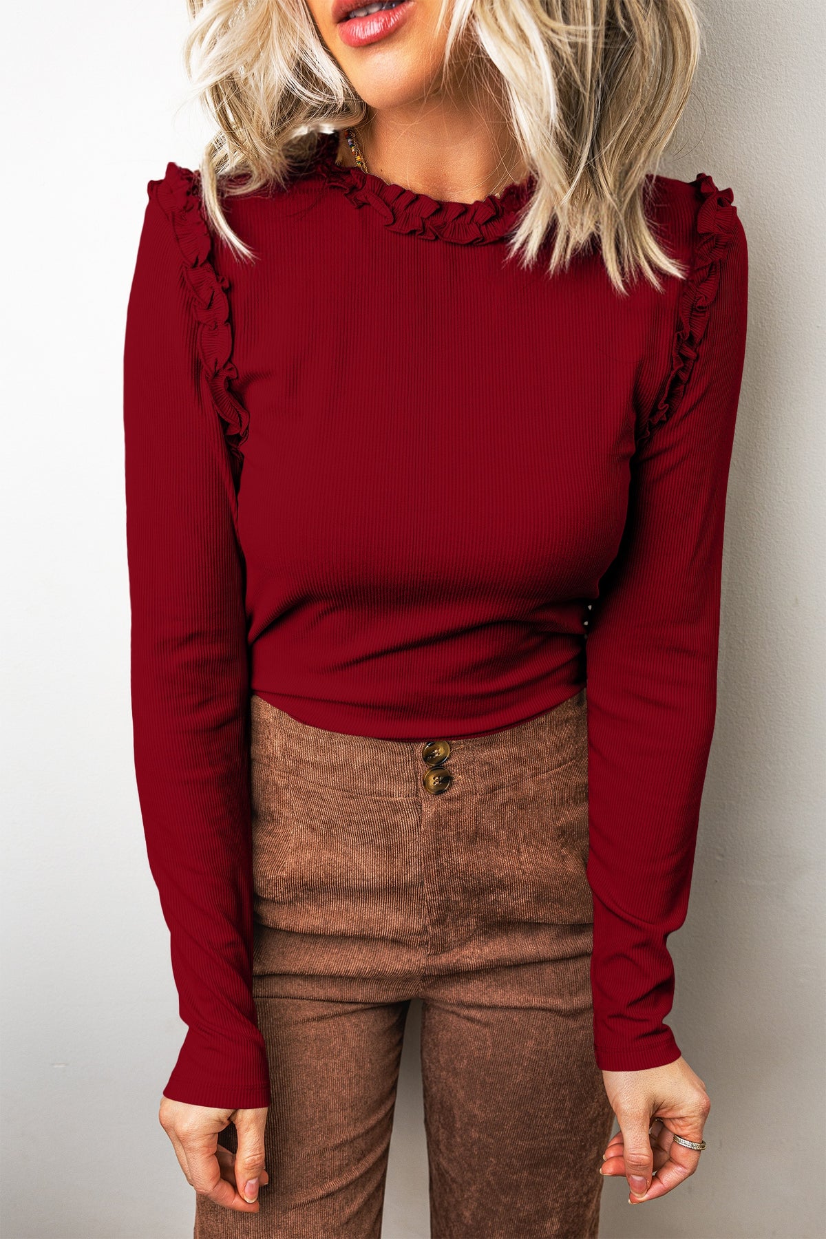 Round Neck Frill Detail Long Sleeve Top