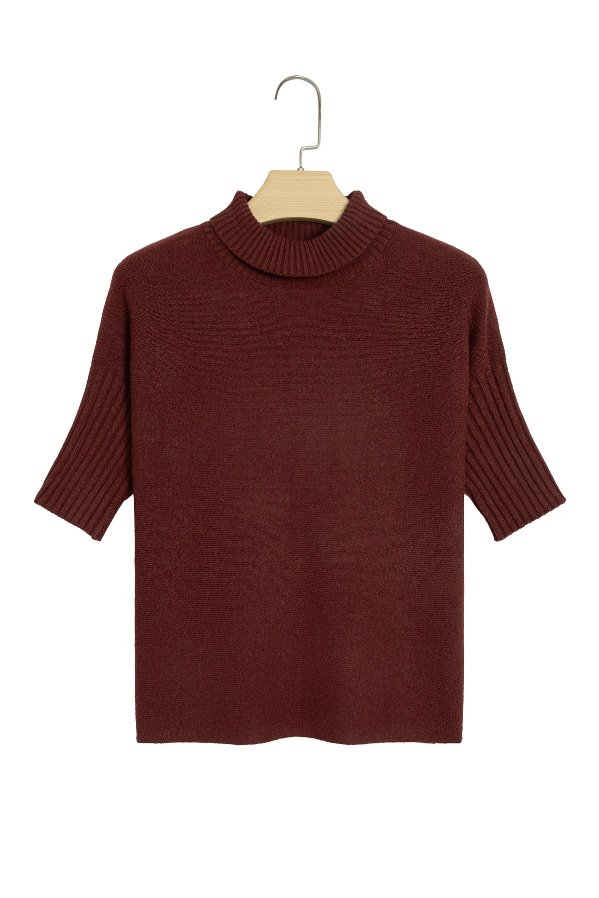Ribbed Trim High Neck Short Sleeve Sweater