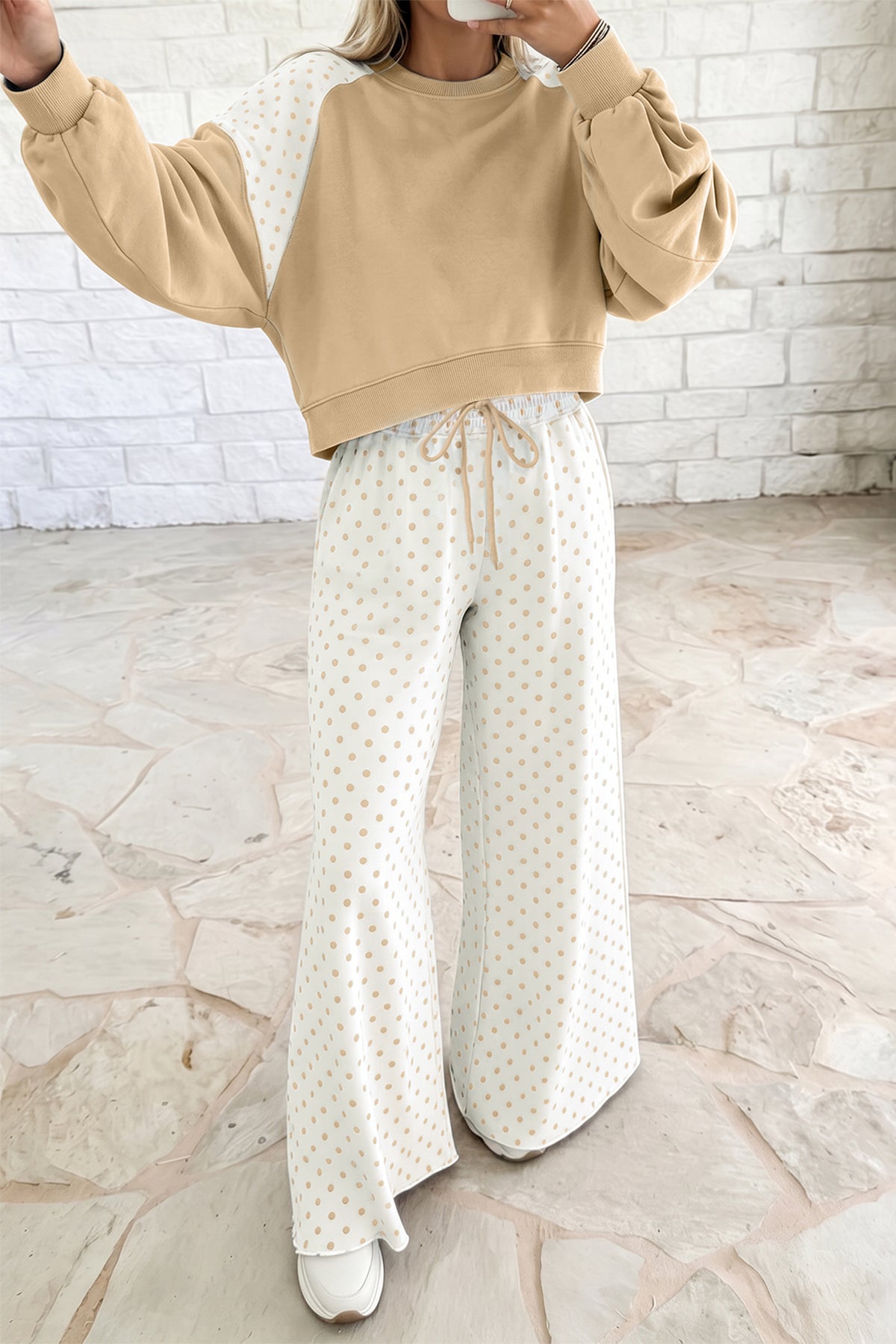 Polka Dot Colorblock Long Sleeve 2-Piece Pants Set