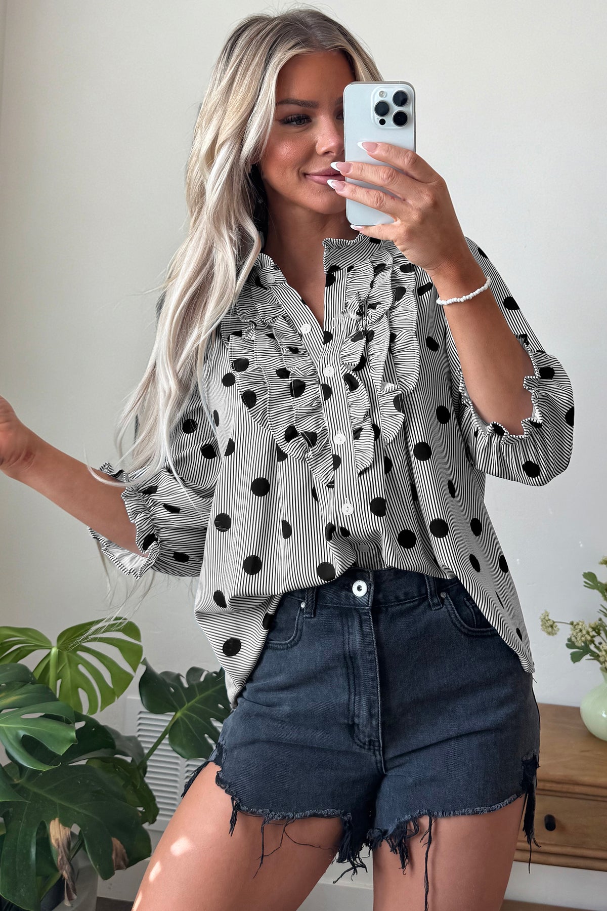 Polka Dot Print Ruffle 3/4 Sleeve Shift Shirt