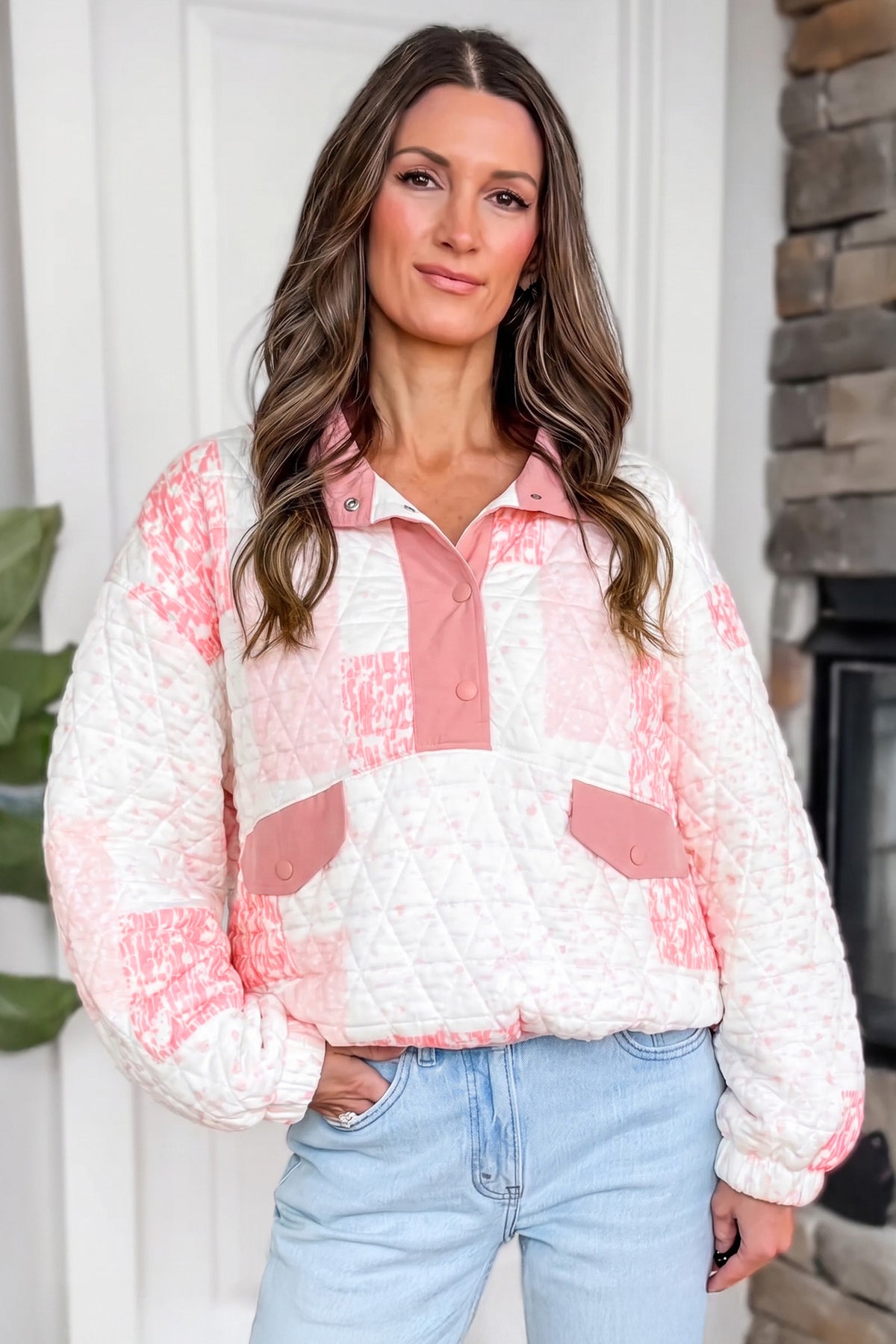 Floral Quilted Half Button Pocketed Pullover Sweatshirt