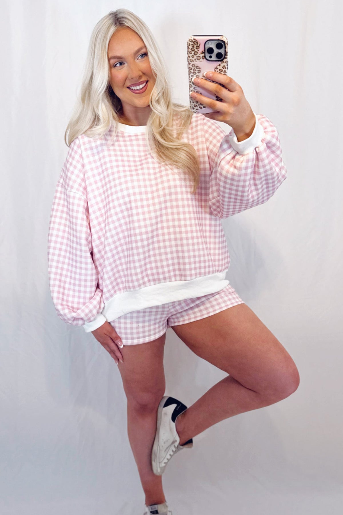 Plaid Baggy Pullover & Drawstring Shorts 2pcs Outfit