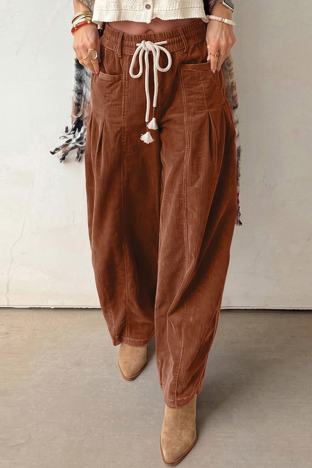 Elastic Waist Drawstring Corduroy Pants