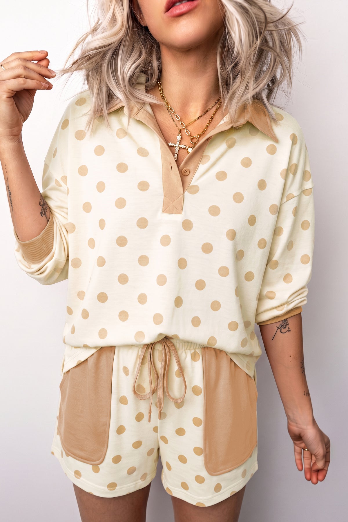 Polka Dot Drop Shoulder Loose Pullover Patch Pocket Shorts Set