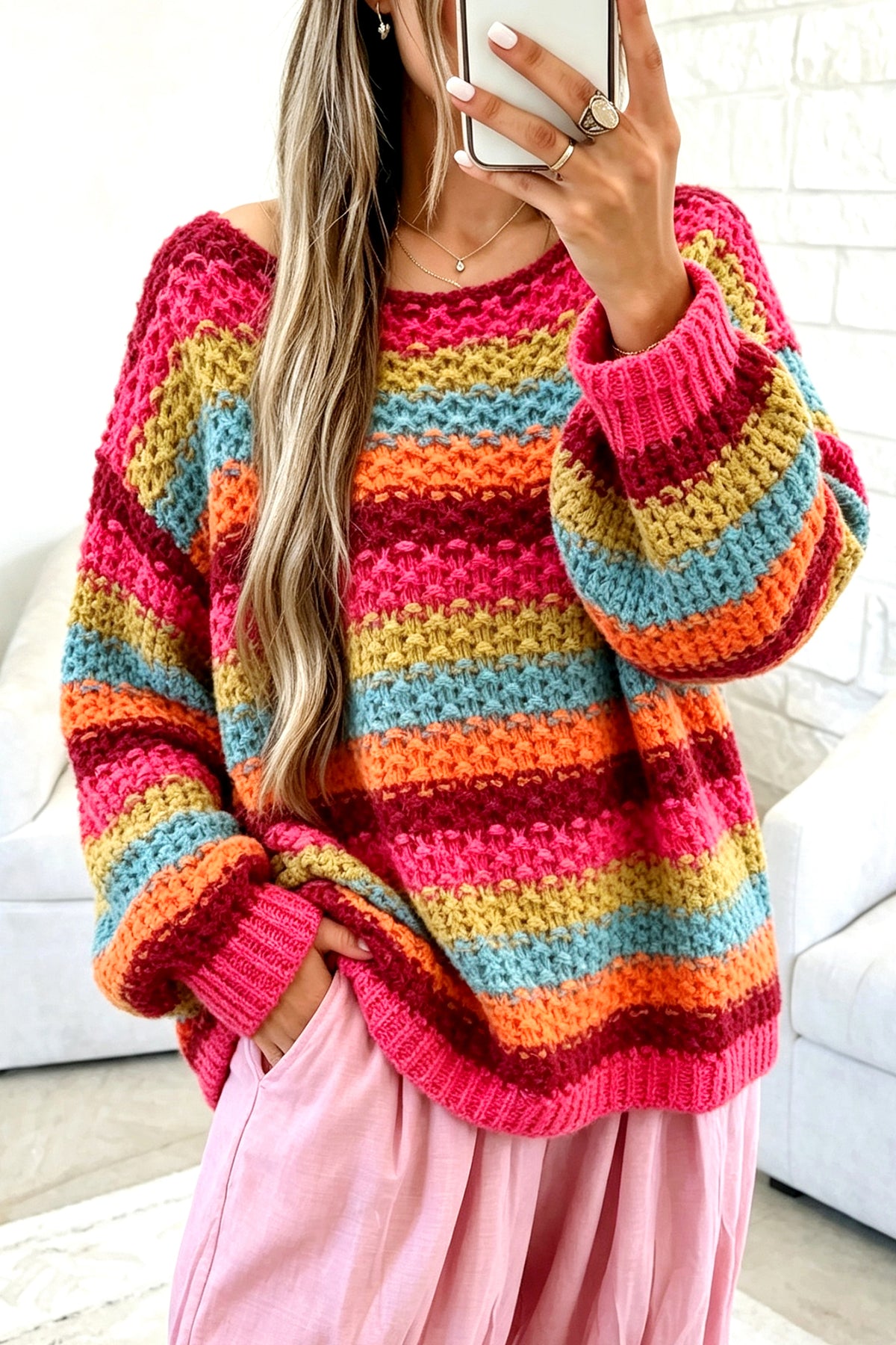 Crochet Striped Knit Oversize Sweater