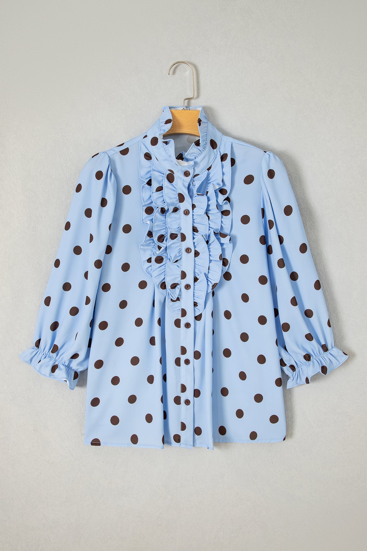 Polka Dot Print Ruffle 3/4 Sleeve Shift Shirt