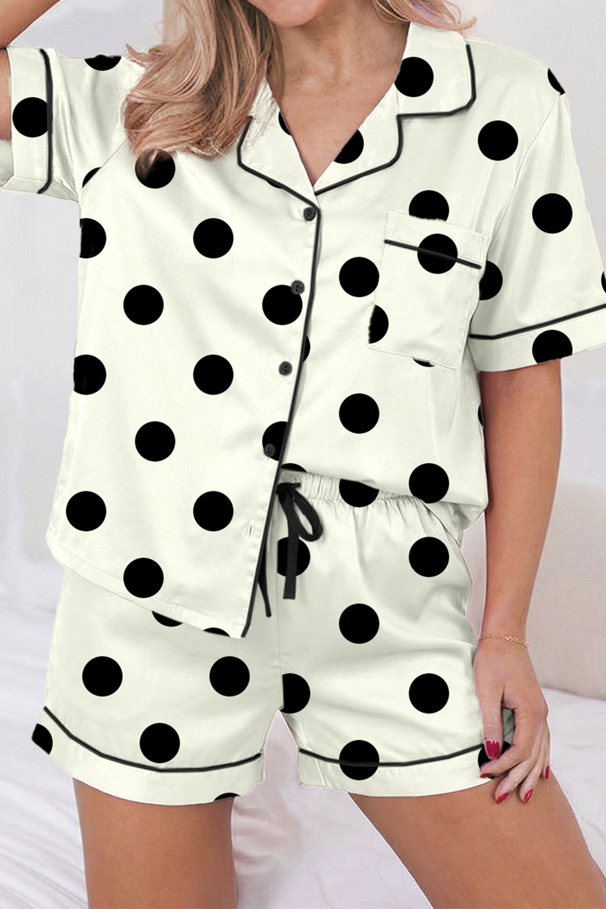Lapel Shirt Drawstring 2pcs Short Pajama Set