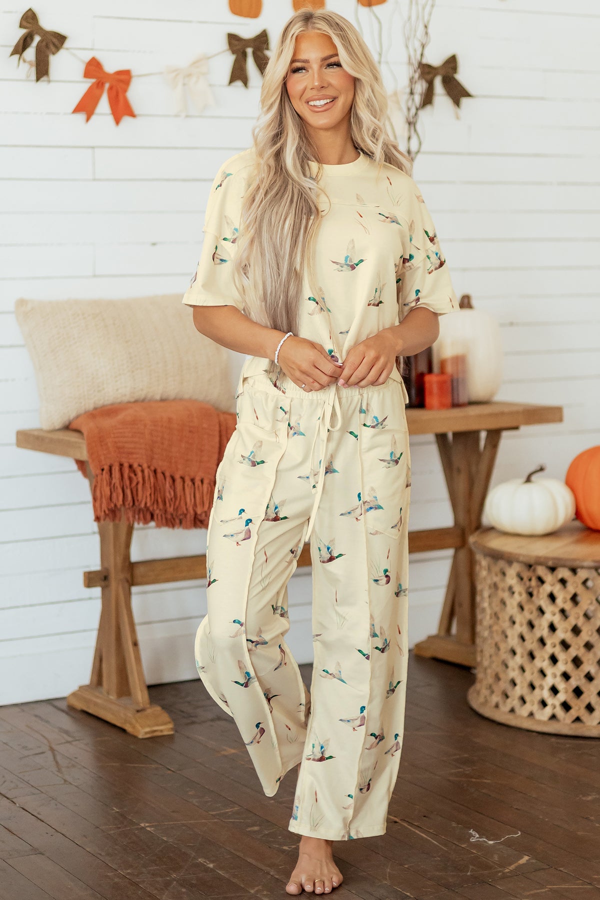 Mallard Print Short Sleeve Top Pocket Pants 2pcs Casual Set