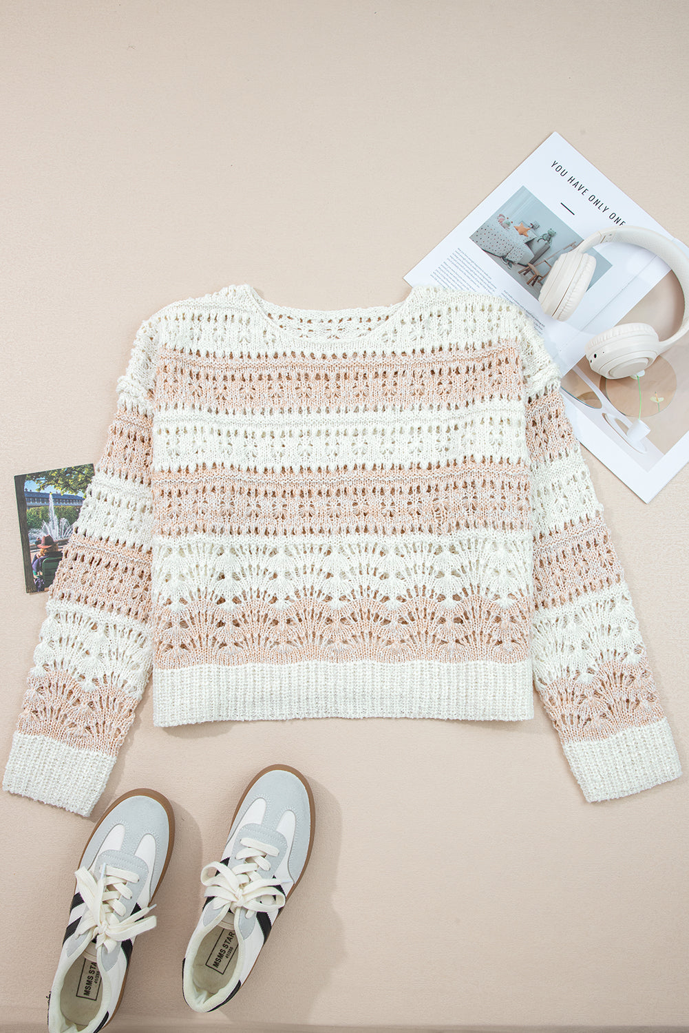 Pink Hollow-out Drop Shoulder Sweater
