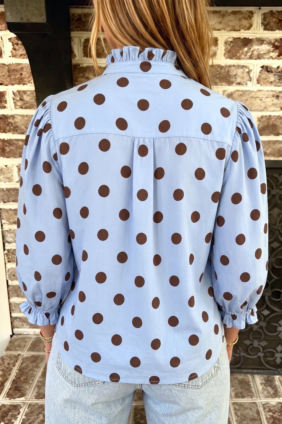 Polka Dot Print Ruffle 3/4 Sleeve Shift Shirt