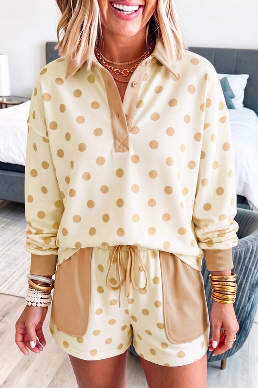 Polka Dot Drop Shoulder Loose Pullover Patch Pocket Shorts Set