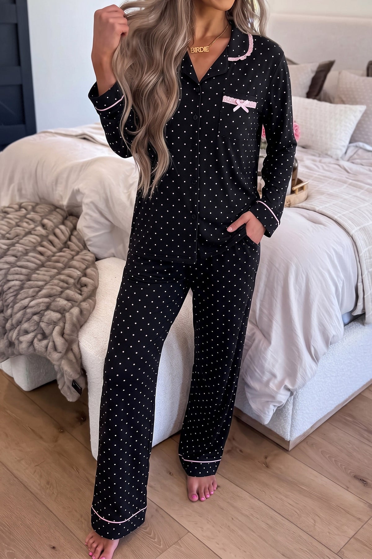 Polka Dot Long Sleeve Two Piece Pajama Pant Set