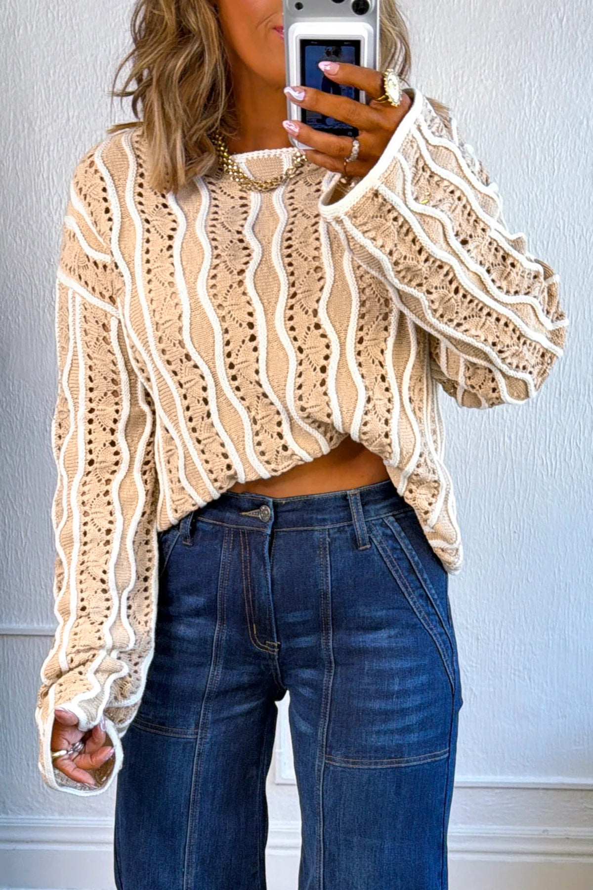 Wavy Detail Hollow Out Knit Sweater