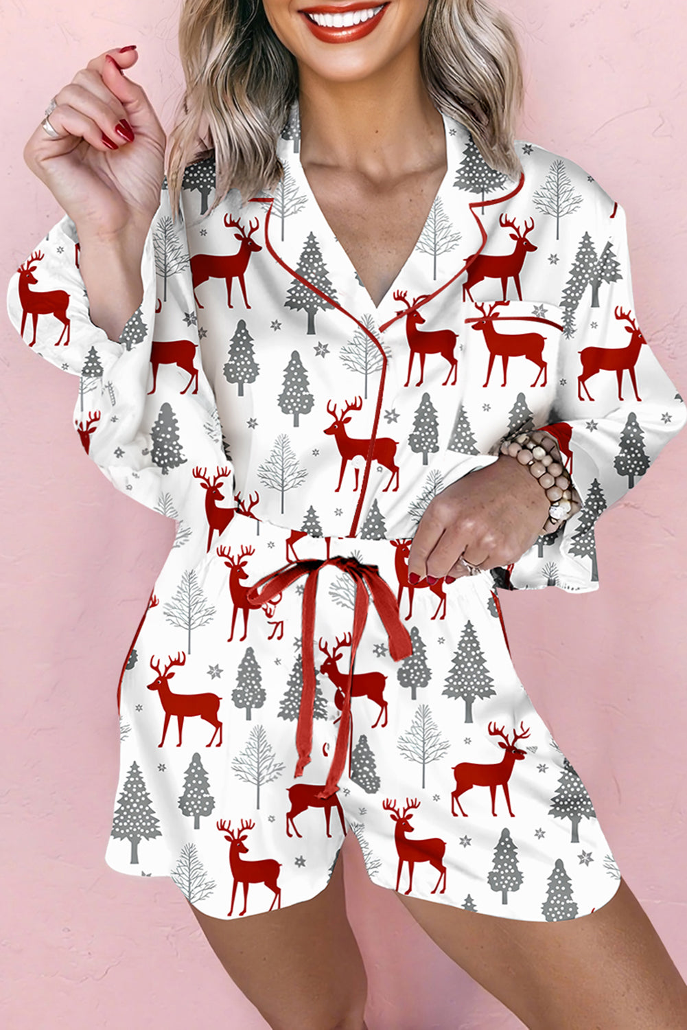 Christmas Print Velvet Trim Bow Knot Pajama 2pcs Short Set