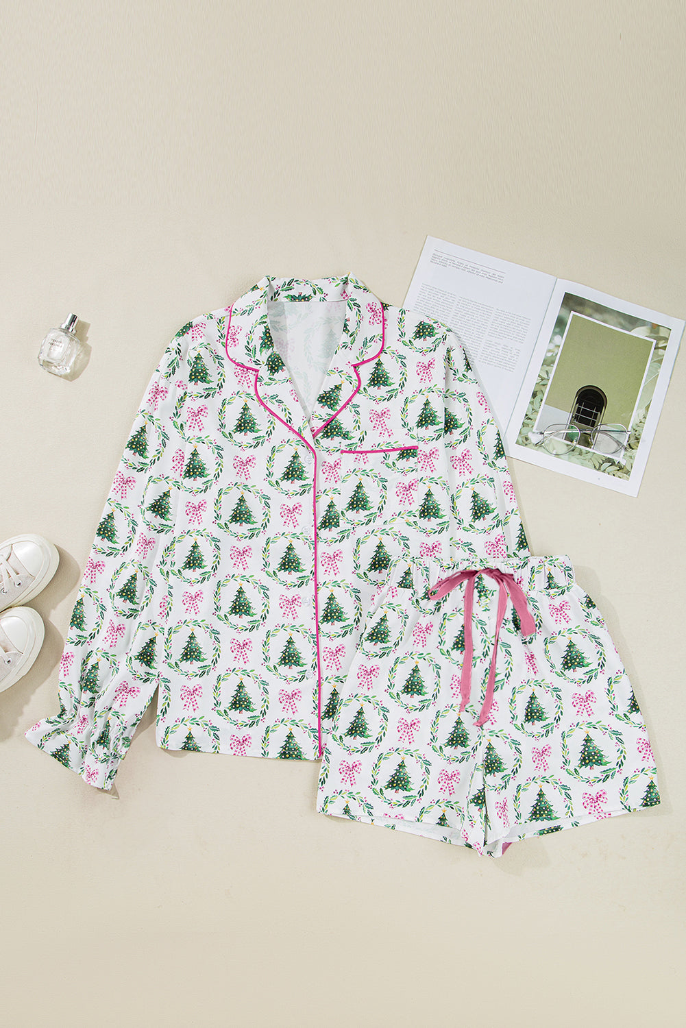 Christmas Print Velvet Trim Bow Knot Pajama 2pcs Short Set