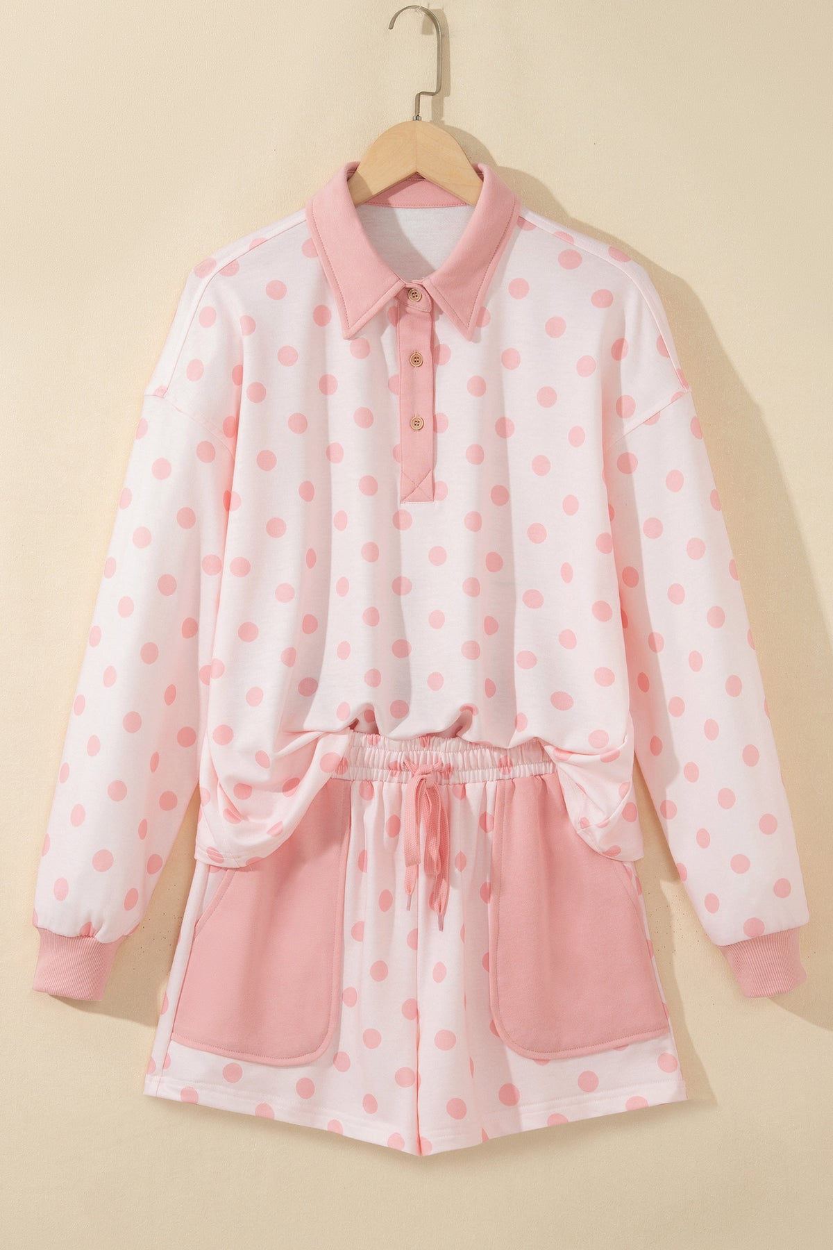 Polka Dot Drop Shoulder Loose Pullover Patch Pocket Shorts Set