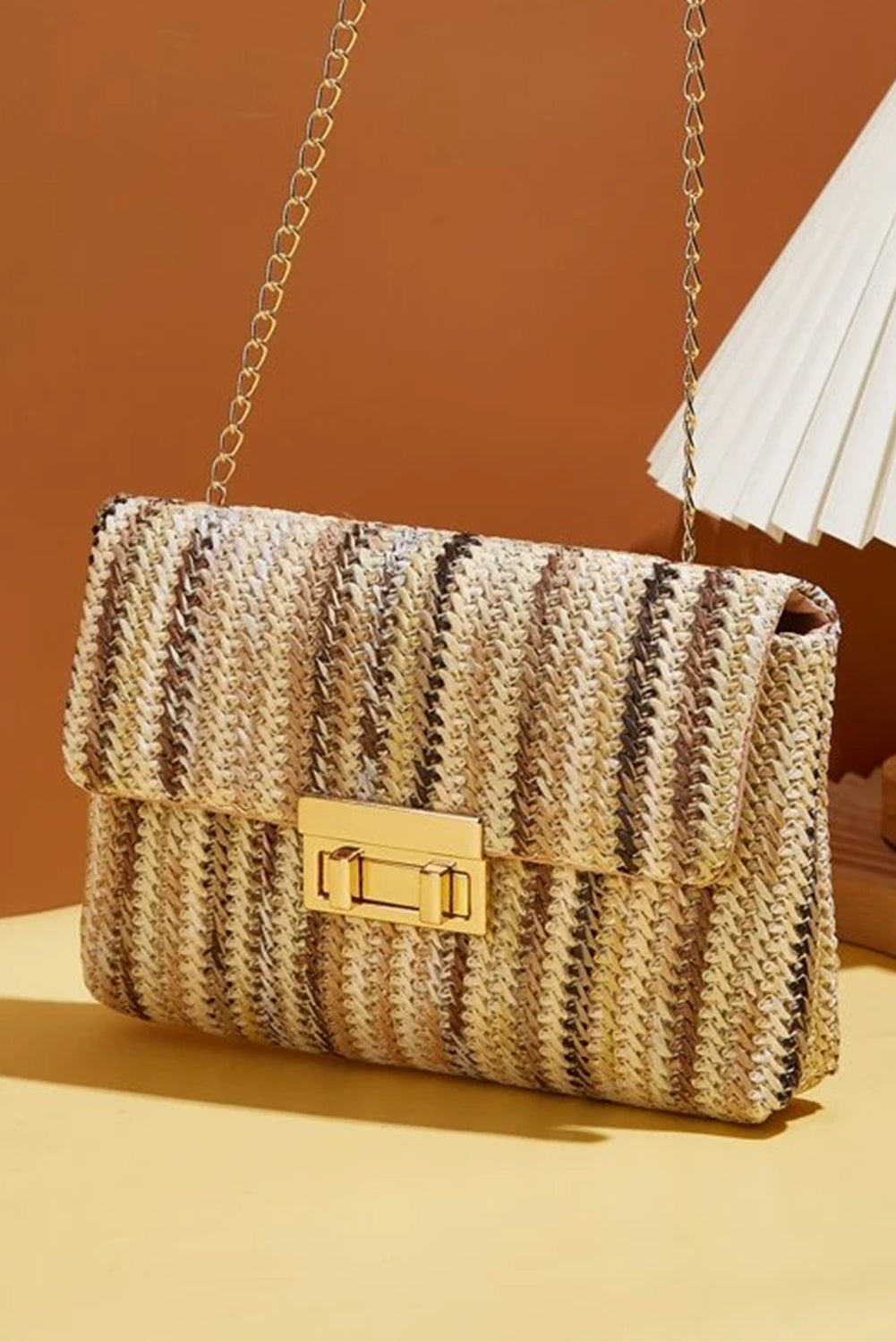 Multicolour Straw Plaited Gold Chain Single Shoulder Bag