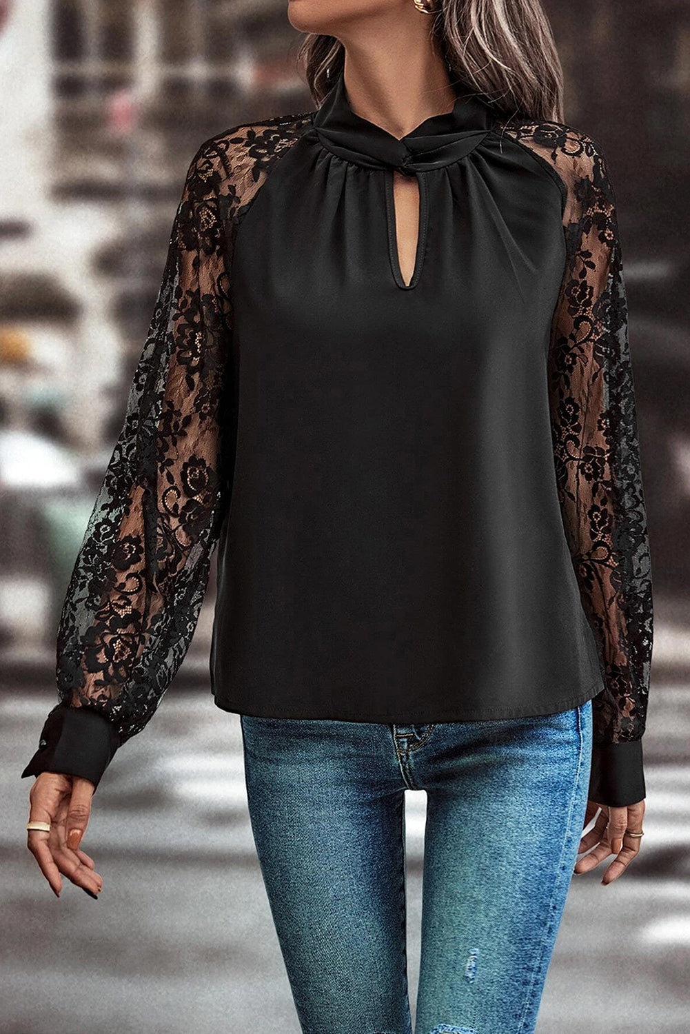 Black Keyhole Floral Lace Blouse