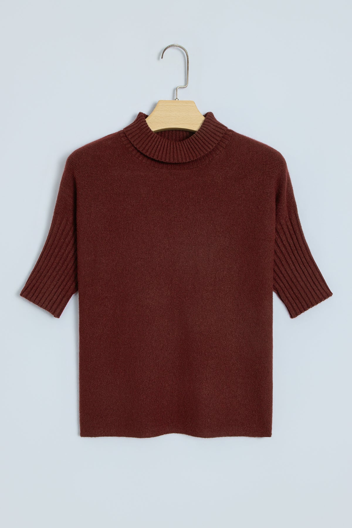 Ribbed Trim High Neck Short Sleeve Sweater